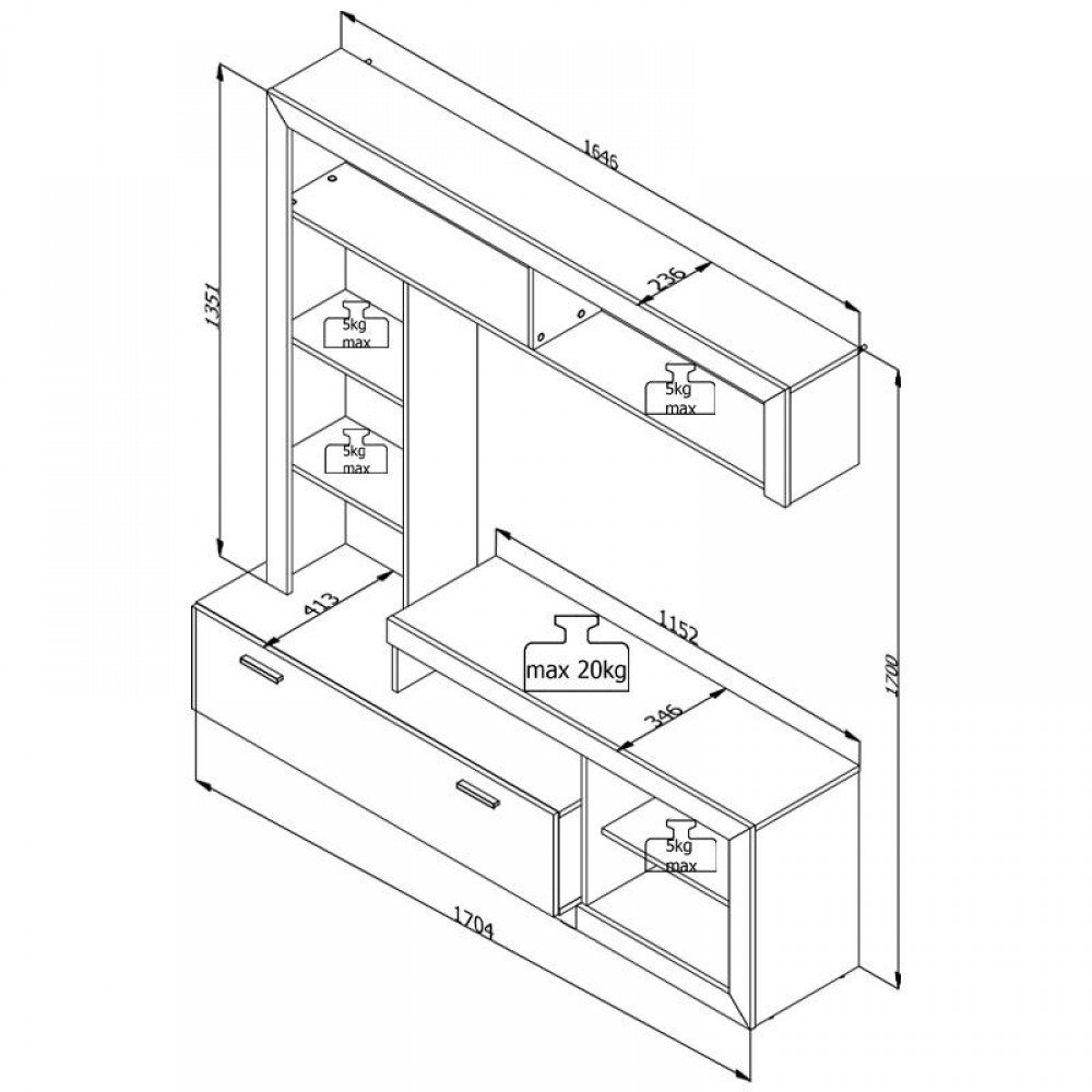 ΚΕΝΤΡΟ ΨΥΧΑΓΩΓΙΑΣ-ΣΥΝΘΕΣΗ GLEN GREY OAK/ΛΕΥΚΟ 170x41x170εκ