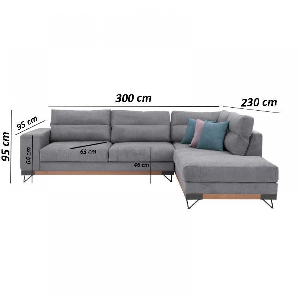 ΚΑΝΑΠΕΣ New Monaco ΔΕΞΙΑ ΓΩΝΙΑ ΓΚΡΙ 300x230x95εκ