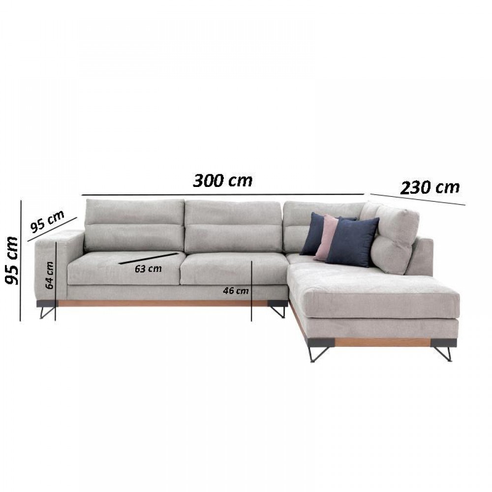 ΚΑΝΑΠΕΣ New Monaco ΔΕΞΙΑ ΓΩΝΙΑ ΓΚΡΙ ΑΝΟΙΧΤΟ 300x230x95εκ