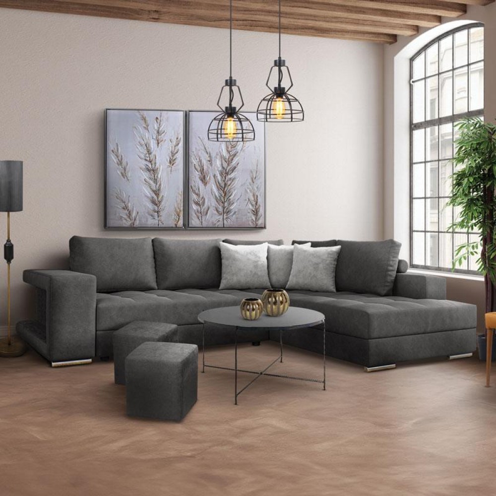 ΚΑΝΑΠΕΣ ΔΕΞΙΑ ΓΩΝΙΑ Fylliana New Karina ΓΚΡΙ ΧΡΩΜΑ ΜΕ ΑΝ. ΓΚΡΙ ΔΙΑΚΟΣΜΗΤΙΚΑ ΜΑΞΙΛΑΡΙΑ ΚΑΙ ΣΚΑΜΠΟ 278x218x85εκ